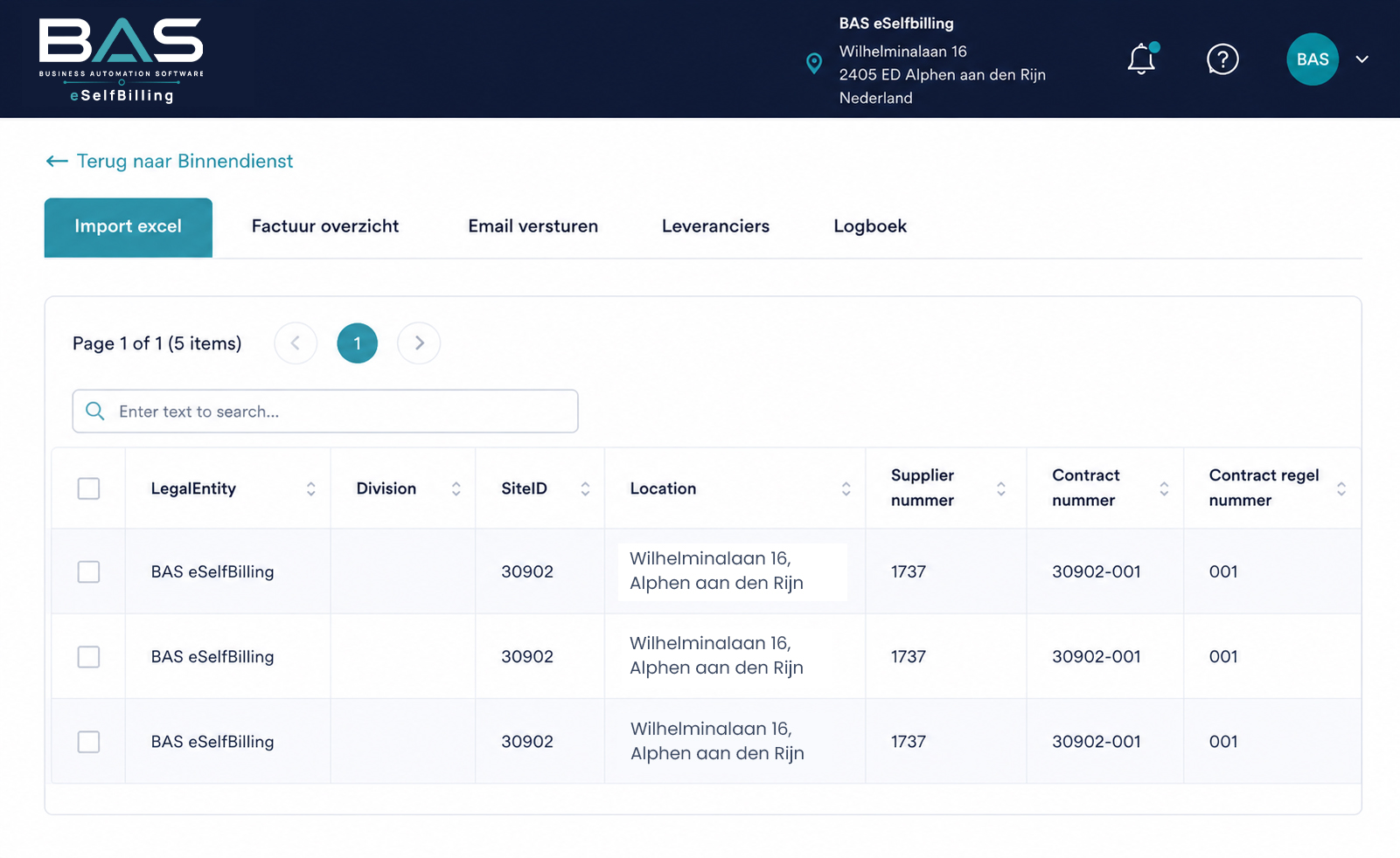 Dashboard van eSelfbilling